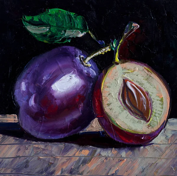 Plommon Frukter Original Konst Målning Handgjorda Olja Duk — Stockfoto