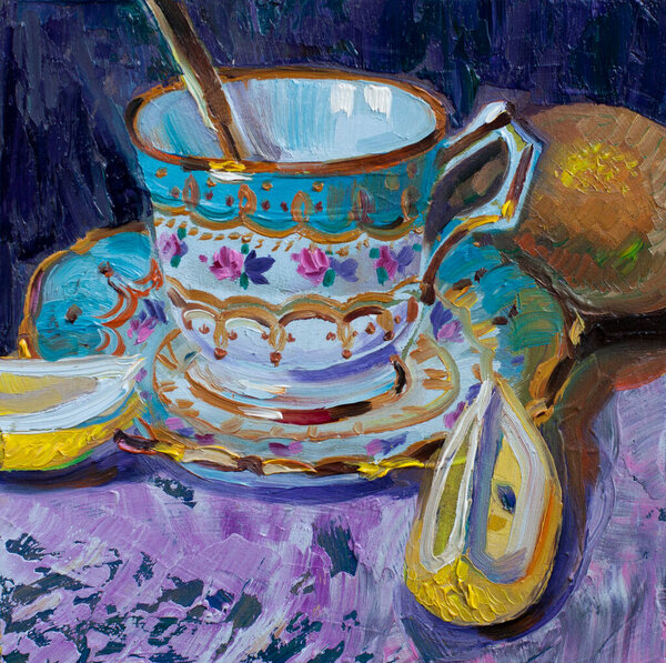 Cup of tea with lemon original art hand made painting oil on canvas