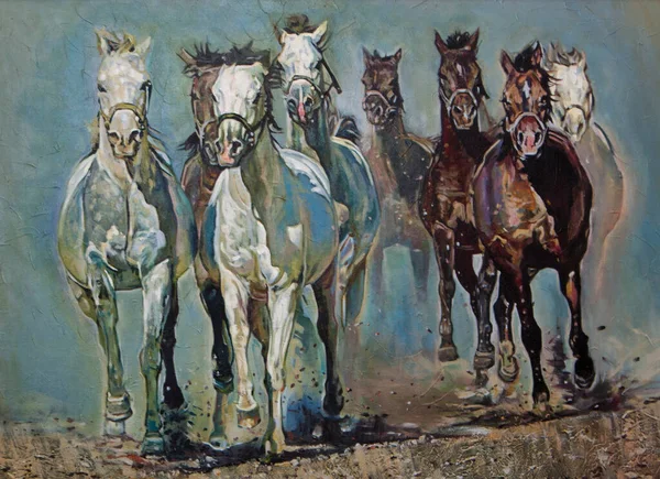 Cavalos Que Executam Pintura Óleo Sobre Tela Arte Feito Mão — Fotografia de Stock