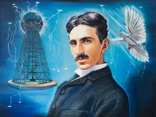 Nikola Tesla Portrét Originál Uměleckého Oleje Plátně Ruční Výroba Stock Fotografie