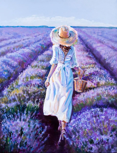 Donna Che Cammina Nel Campo Lavanda Pittura Originale Arte Fatta Fotografia Stock