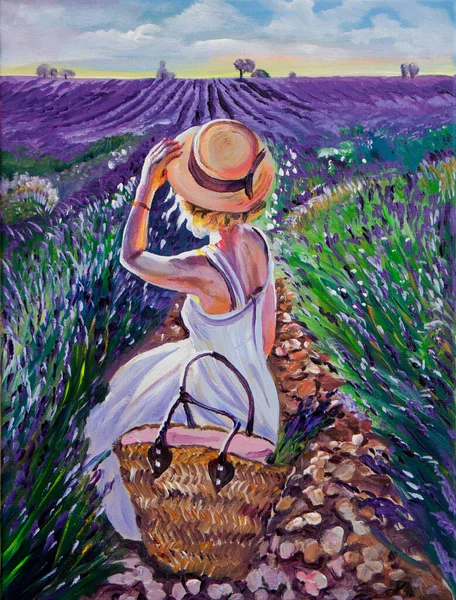 Giovane Donna Sito Campo Lavanda Pittura Olio Fatto Mano Tela Immagine Stock