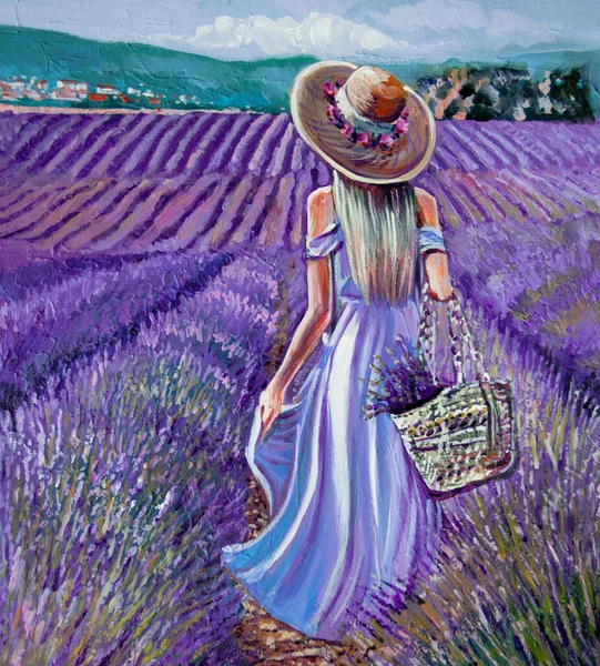 Giovane Donna Abito Blu Cappello Campo Lavanda Pittura Olio Tela Foto Stock