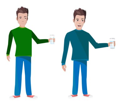 İki genç adam vektör çizimi, bir adam bir bardak suyla. Ergen karakter.