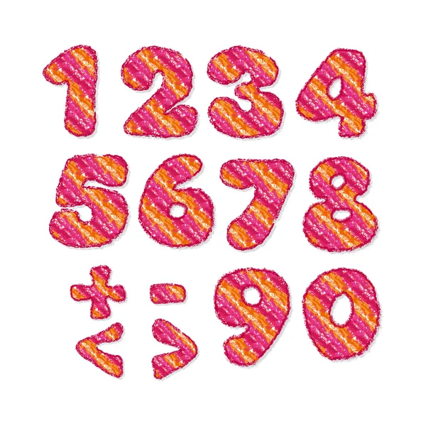 Crayon desenhado criança estilo número definido. pancil vermelho desenhado figura kit para lettering. ilustração vetorial com textura de giz de cera — Vetor de Stock