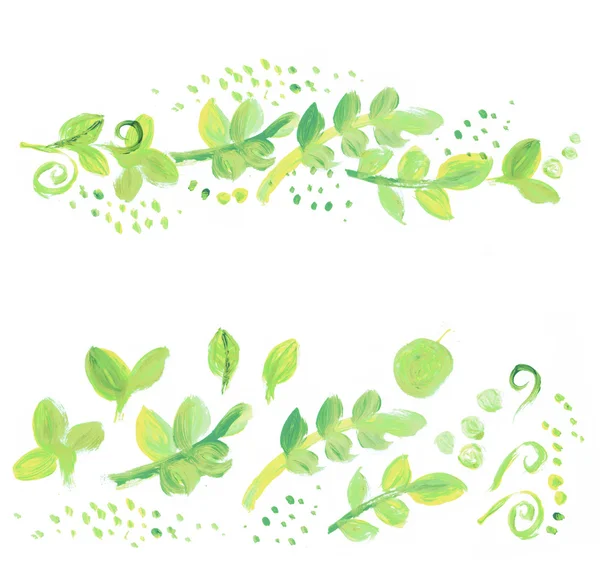 Akrilyc paint green leaves element. grass paint set. green spring leaves. — Stock Photo, Image