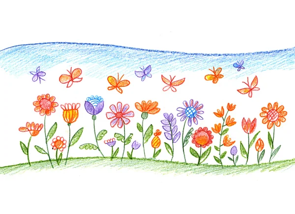 Crayon color hand drawn illustration of flowers — Stock Photo, Image