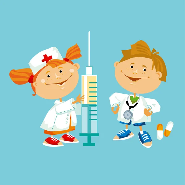 Niño y niña jugando doctor — Vector de stock