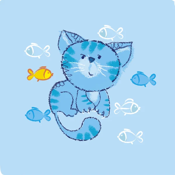 Blue cat and fish — Stock Vector
