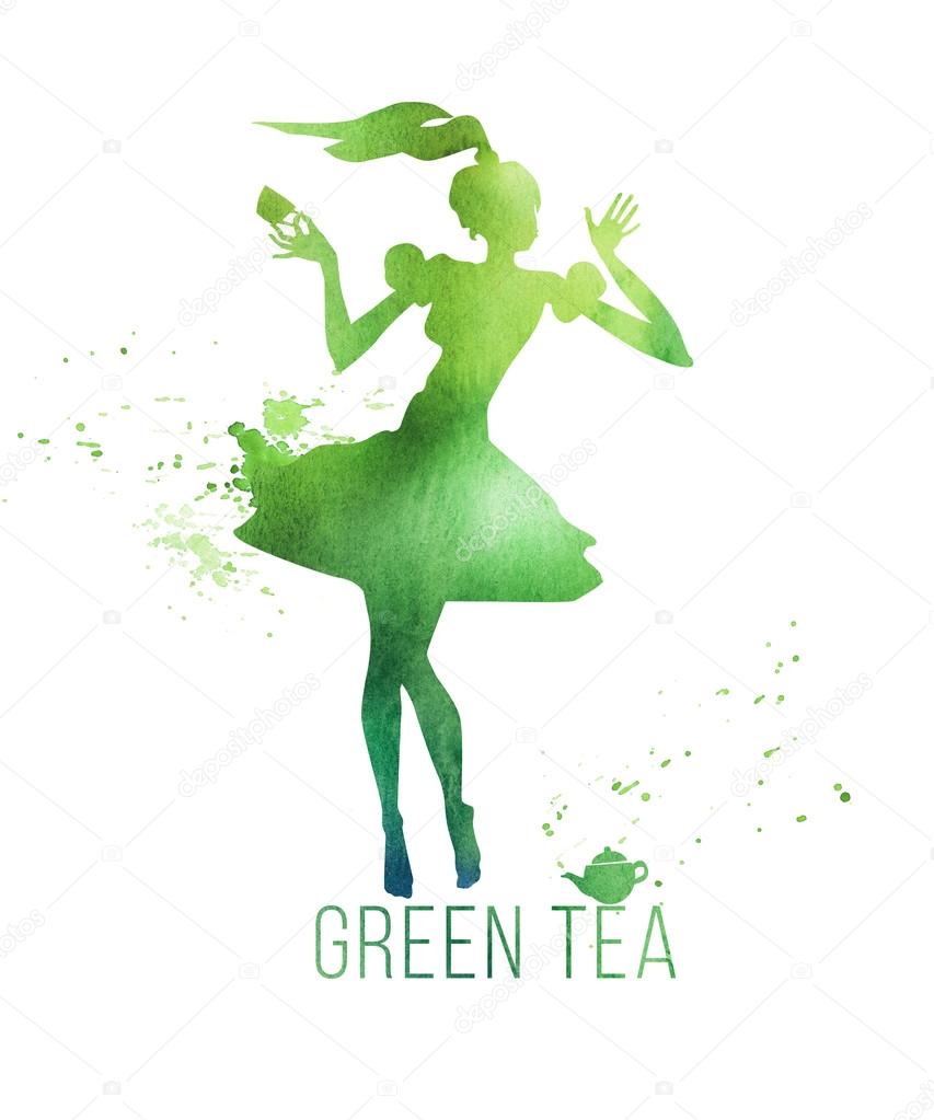 Green tea girl watercolor illustration — Stock Photo © Galyna 103984306