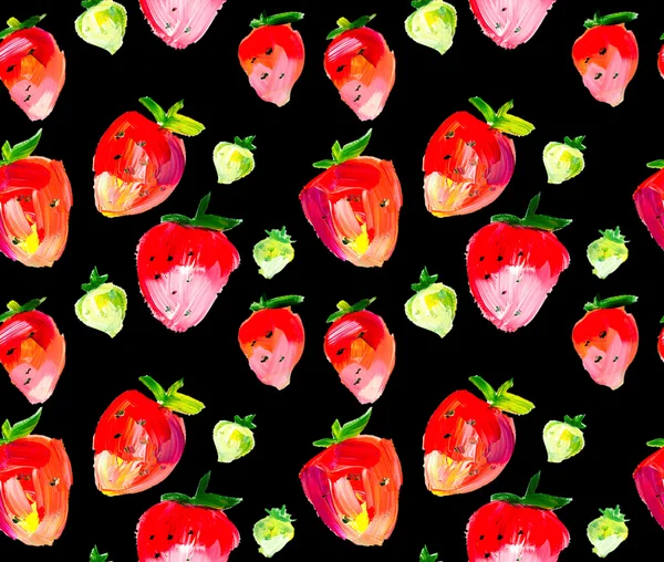Erdbeere nahtlose Muster auf schwarzem Hintergrund. Acrylfarbe b — Stockfoto