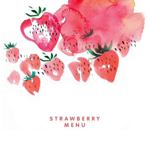 Temlate για το μενού. φράουλα ακουαρέλα εικονογράφηση σε λευκή ΒΑ — Φωτογραφία Αρχείου