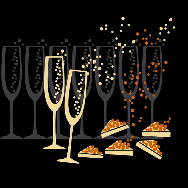 Champagner und Kaviar Silhouette auf schwarzem Hintergrund — Stockvektor