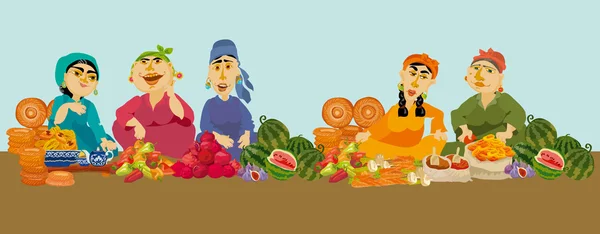 kadın satıcıları gıda pazarında, vektör çizim karikatür