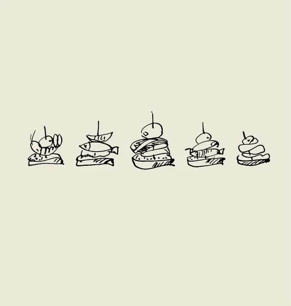 tapas ve kanepeler set görüntü. Gıda elle çizilmiş kroki vektör illus