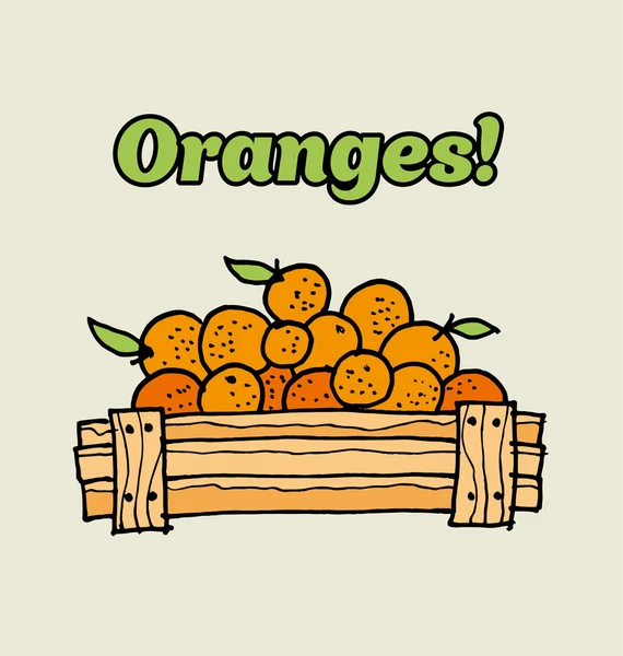 Pomeranče v dřevěné krabici. potraviny ručně kreslenou skica vektorový illustratio — Stockový vektor