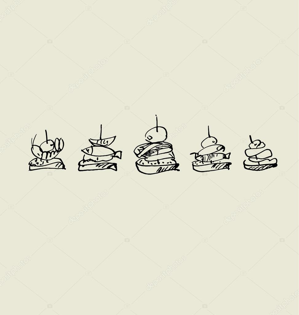 Tapas comida dibujo imágenes de stock de arte vectorial | Depositphotos