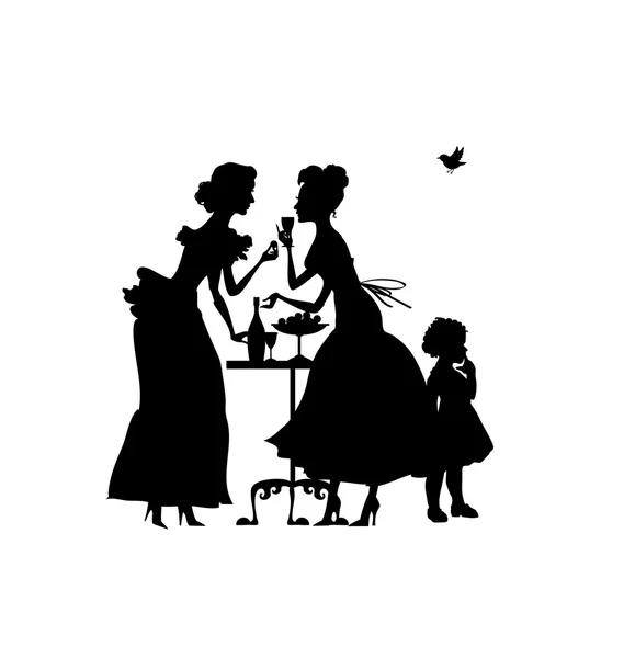 Twee vrouw en meisje silhouet. vectorillustratie van elegante partij. — Stockvector