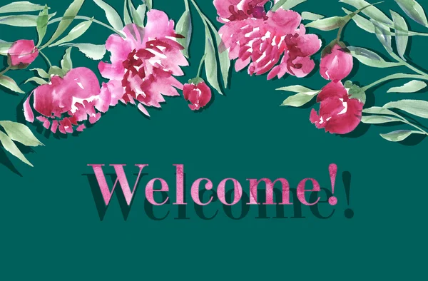 Elegancki szablon karty z ręki rysowane kwiatowy obraz. różowy peo — Zdjęcie stockowe