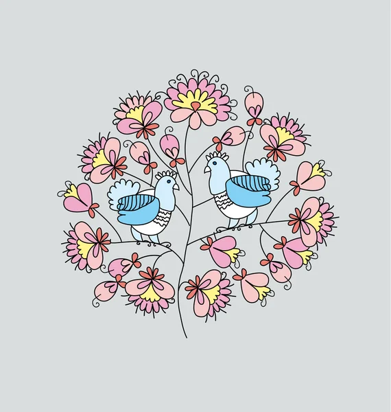 Árbol floreciente de estilo rural y paloma en el amor. ilustración vectorial . — Vector de stock