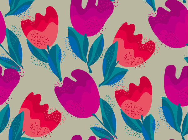 stylish tulip flower seamless pattern on gray background. vector