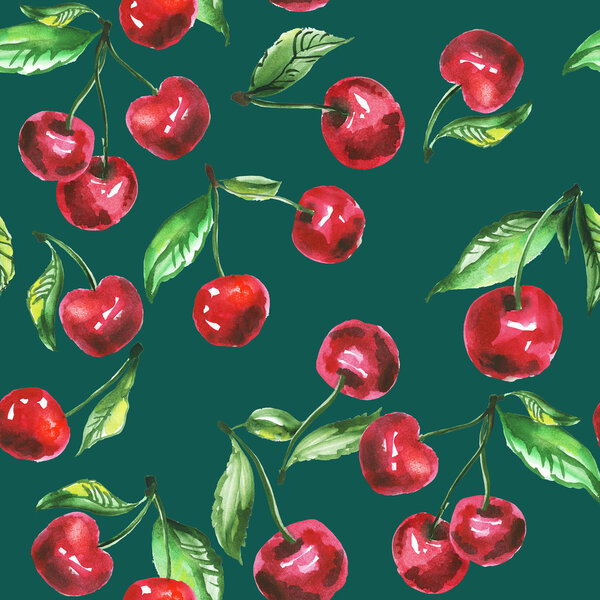 artistic seamless pattern with red cherry illustration. watercol
