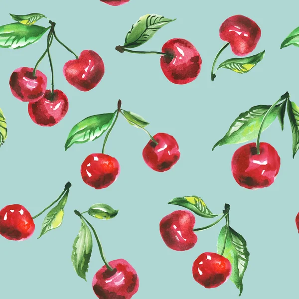 红樱桃插画艺术无缝模式。watercol — 免费的图库照片
