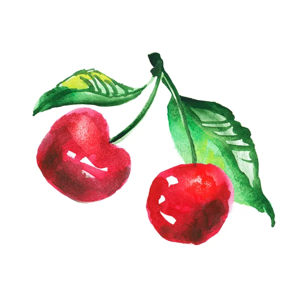 Две иллюстрации красной вишни. акварель — стоковое фото