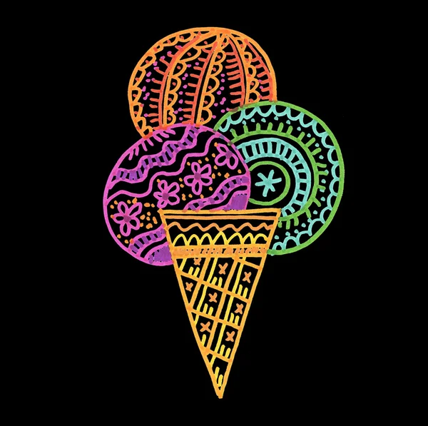 Colorful ice-cream. hand drawn color line illustration on black — Stock Photo, Image