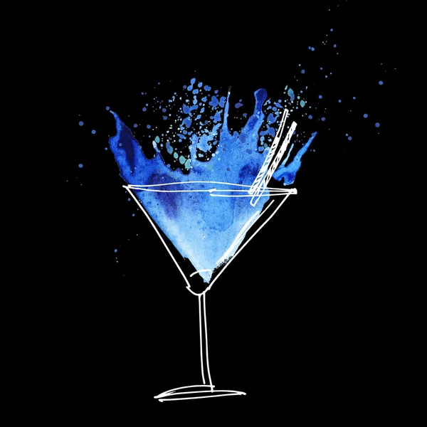 Blue cocktail splash watercolor illustration. paint artwork. — Stock Photo, Image