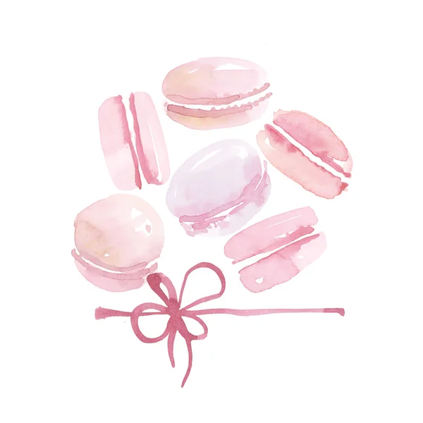 Světle růžové barvy makaróny sladký dort. Akvarel ilustrace. — Stock fotografie