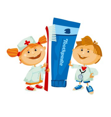 büyük diş macunu ve diş fırçası Diş hekimi sevimli çocukla. vektör Hüseyin