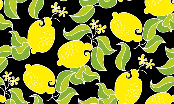 Patrón sin costuras de fruta de limón sobre fondo negro. Decoración vectorial — Vector de stock