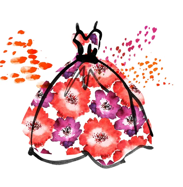 Fancy dress with floral pattern. watercolor and ink sketch — Stock Photo, Image