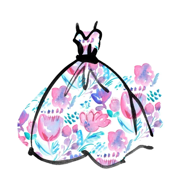 花柄の派手なドレス。水彩画とインクスケッチ — ストック写真