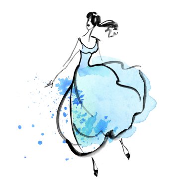 uçan kumaş elbise kavramı. suluboya kroki çizim