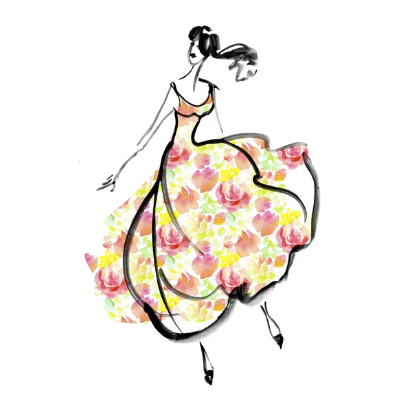 Chica de moda en concepto de vestido floral. boceto acuarela illustra —  Fotos de Stock