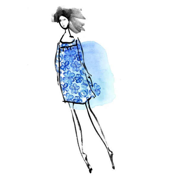 在蓝色的草甸礼服概念的时尚女孩。生病的水彩素描 — 图库照片