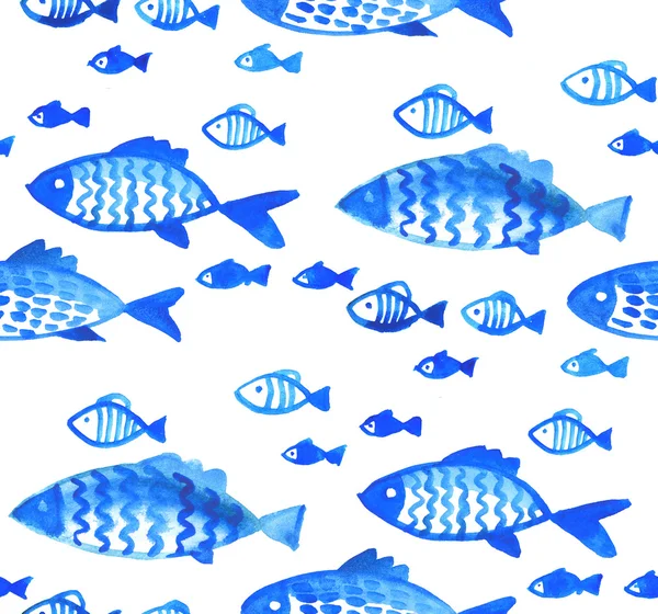 Padrão de peixe sem costura. ilustração aquarela do mar. água azul h — Fotografia de Stock