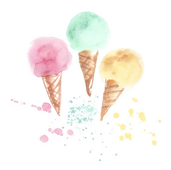 三个浅色冰淇淋圆锥插图。水彩艺术品 — 图库照片