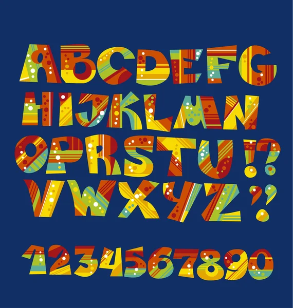 Levendige kinderachtig stijl ABC set. geometrie texturen grappige fontface f — Stockvector