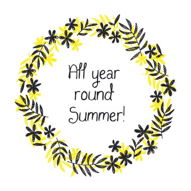 eski el çizilmiş sarı ve siyah tropikal vektör çiçek çelenk