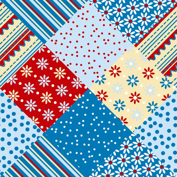 赤と青の伝統的なパッチワークベクトルシームレスパターン。フロー — ストックベクタ