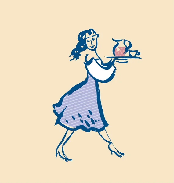 Francês garçonete esboço ilustração vetorial na cor pastel. menina — Vetor de Stock