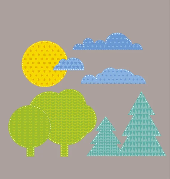 Patchwork style enfant illustration vectorielle de paysage. soleil, nuage un — Image vectorielle