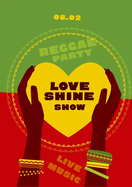 Mano humana tribal con pulseras sostienen el corazón amarillo. reggae folk — Vector de stock