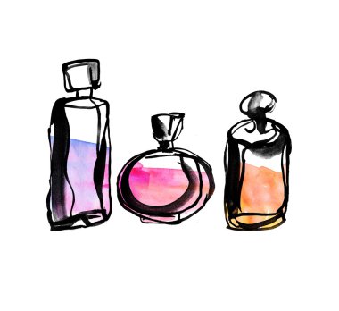 parfüm şişeleri çizgi kroki. suluboya ve mürekkep konsept güzellik i
