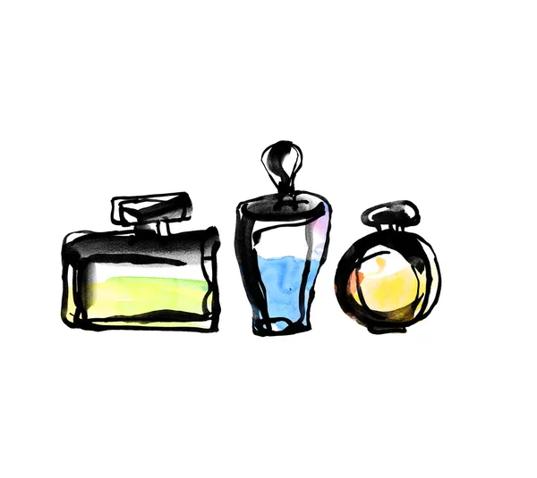 Parfymflaskor linje skiss. akvarell och bläck koncept skönhet i — Stockfoto