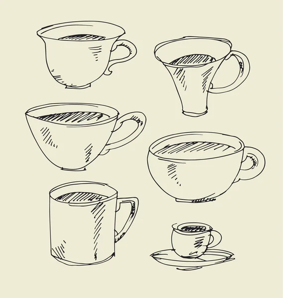 Кухонний посуд намальований ручним зображенням. різноманітний ескіз чашки і чашки — стоковий вектор