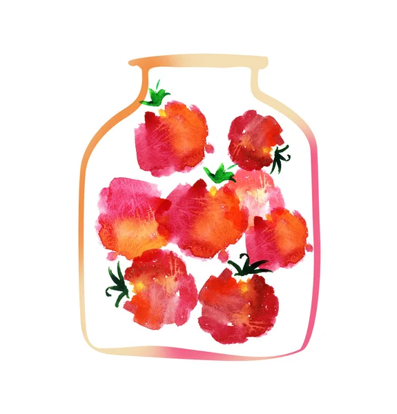 Pote de tomate ilustração aquarela. pikls vegetais mão desenhada i — Fotografia de Stock